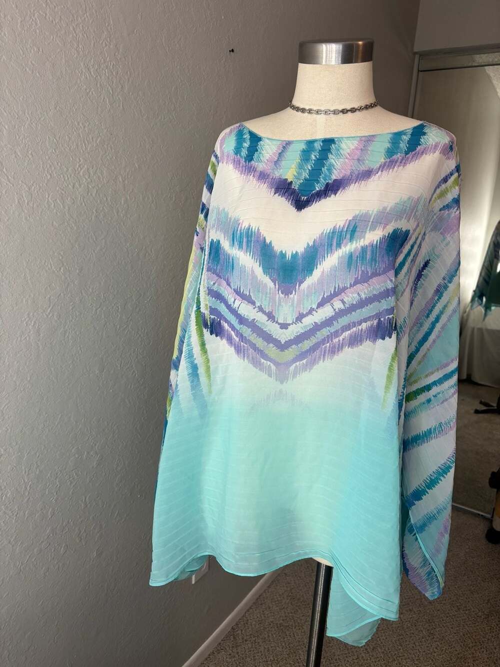 Chico's Abstract Ikat Print Pleated Chiffon Poncho Blouse - Picture 2 of 10